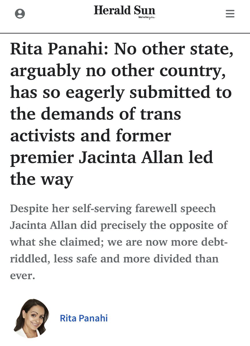 stephbastiaan's tweet photo. “In Victoria we have male sexual predators housed in women’s prisons with terrified inmates, schoolgirls are forced to share locker rooms and bathrooms with confused boys identifying as female and you can change the gender on your birth certificate once a year.”

“Jacinta Allan’s legacy will be that of a leader who abandoned her own sex.

“A female premier who couldn’t define what a woman is.”

🔥 Some serious truth telling by @RitaPanahi in the @theheraldsun today: https://t.co/ZMxaOp56qO

#SpringSt