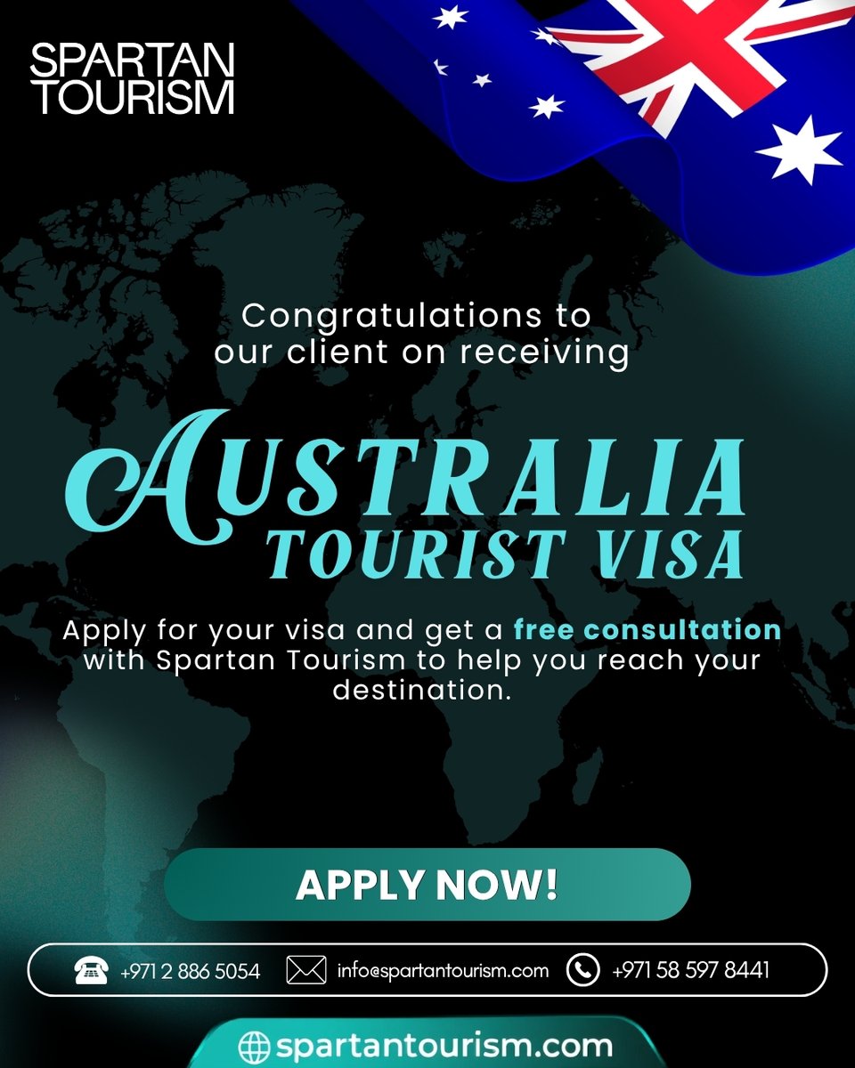 SpartanTourism's tweet photo. 🇦🇺 𝐀𝐮𝐬𝐭𝐫𝐚𝐥𝐢𝐚 𝐓𝐨𝐮𝐫𝐢𝐬𝐭 𝐕𝐢𝐬𝐚 𝐀𝐩𝐩𝐫𝐨𝐯𝐞𝐝! 🎉

𝐂𝐨𝐧𝐠𝐫𝐚𝐭𝐮𝐥𝐚𝐭𝐢𝐨𝐧𝐬 𝐭𝐨 𝐨𝐮𝐫 𝐯𝐚𝐥𝐮𝐞𝐝 𝐜𝐥𝐢𝐞𝐧𝐭 𝐨𝐧 𝐭𝐡𝐞 𝐬𝐮𝐜𝐜𝐞𝐬𝐬𝐟𝐮𝐥 𝐚𝐩𝐩𝐫𝐨𝐯𝐚𝐥 𝐨𝐟 𝐭𝐡𝐞𝐢𝐫 𝐀𝐮𝐬𝐭𝐫𝐚𝐥𝐢𝐚 𝐓𝐨𝐮𝐫𝐢𝐬𝐭 𝐕𝐢𝐬𝐚! 

#SpartanTourism #AustraliaVisa https://t.co/mDoqJXi2gv