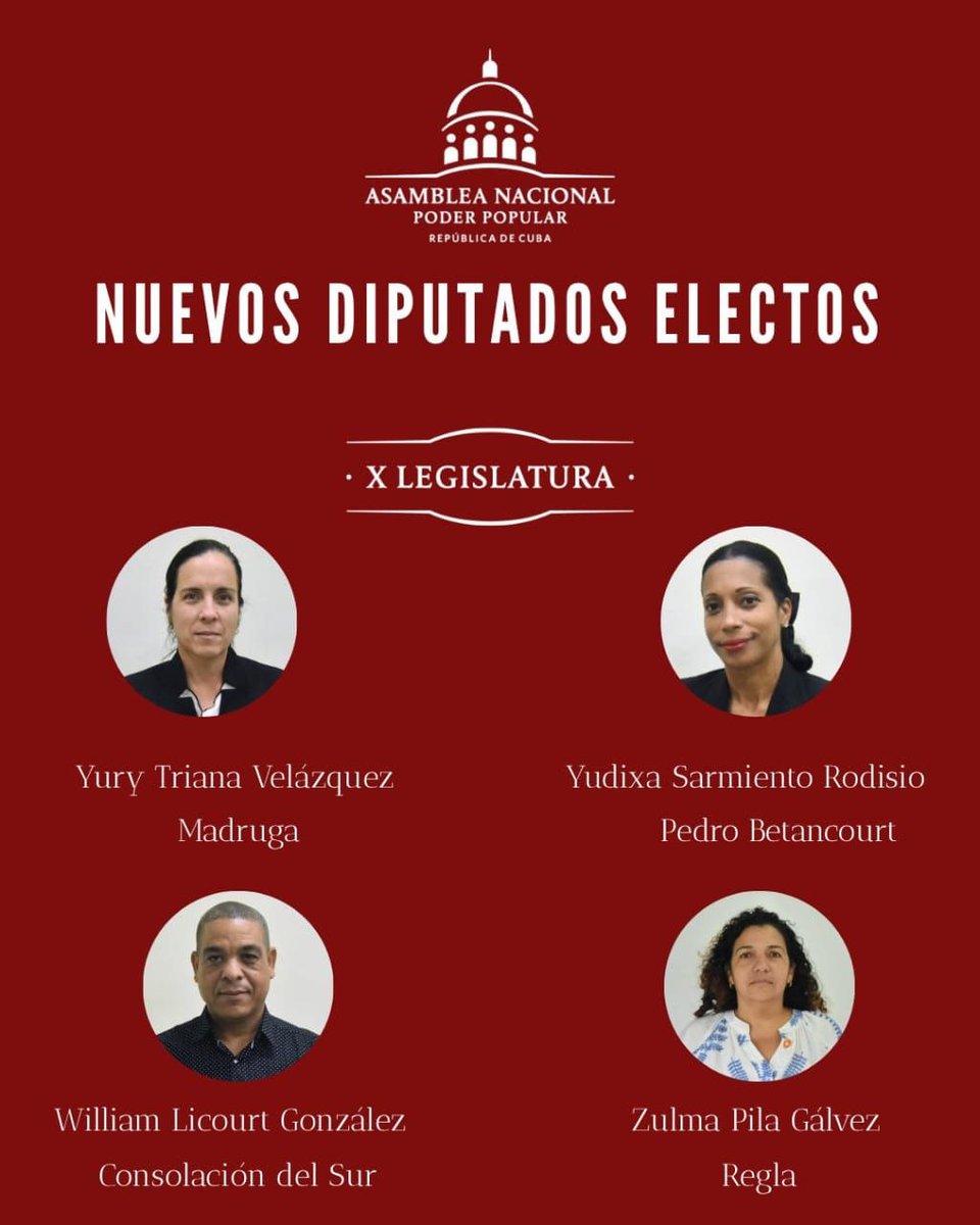 GeraldoRom47586's tweet photo. La #ANPP de Cuba validó la elección de 10 nuevos diputados para cubrir las vacantes existentes en igual número de municipios, durante el VII Período Ordinario de Sesiones de la X Legislatura. Proceso que siguió lo pautado en la Ley Electoral, normativa que faculta a la asamblea. https://t.co/FTIiuAERyd