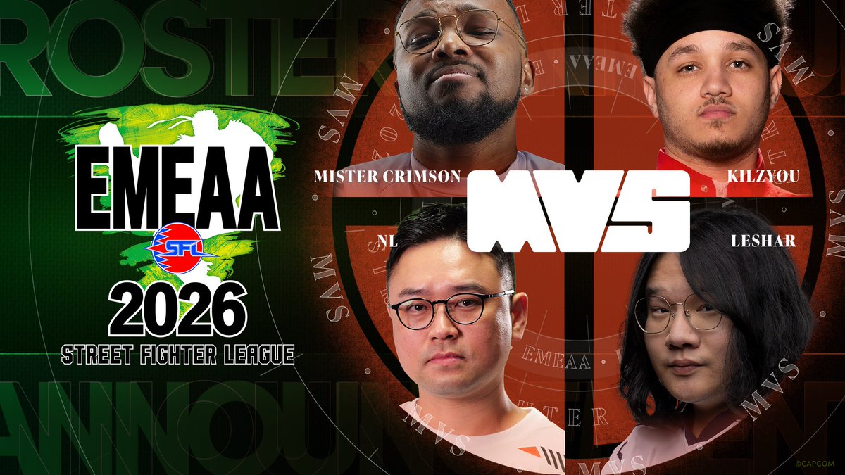 CapcomFighters's tweet photo. MVS is bringing the heat to #SFLEMEAA2026 this year 🔥

🔹 @MistahCrimson
🔹 @Kilzyou
🔹 @leshar15
🔹 @sf5nl

Get ready to see this squad in action 👊 https://t.co/0APsjHRnlP