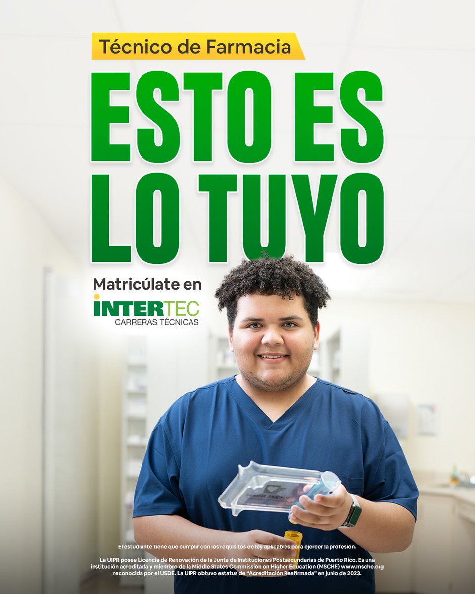 intertecpr's tweet photo. Da el primer paso hacia una carrera en la salud. Técnico de Farmacia es lo tuyo.
Matricúlate en InterTec: https://t.co/xIJVNkpspk https://t.co/6QDZ8wl9JI