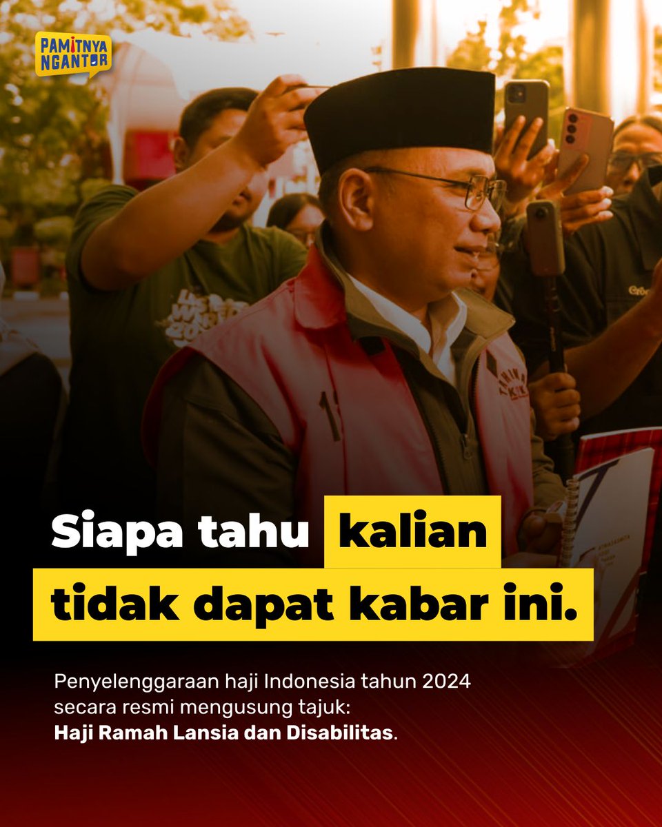 Stakof's tweet photo. Siapa tahu kalian tidak dapat kabar ini.

Penyelenggaraan haji Indonesia tahun 2024 secara resmi mengusung tajuk: Haji Ramah Lansia dan Disabilitas. https://t.co/KEqozdUYQG