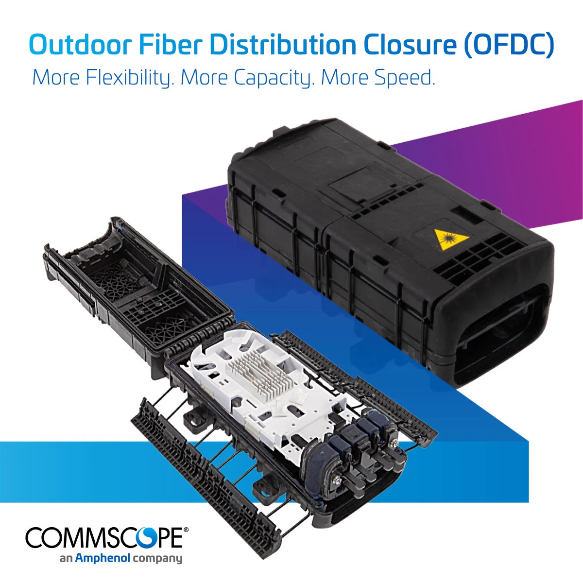 Black Outdoor Fiber Distribution Closure with open and closed views showing internal fiber management components.