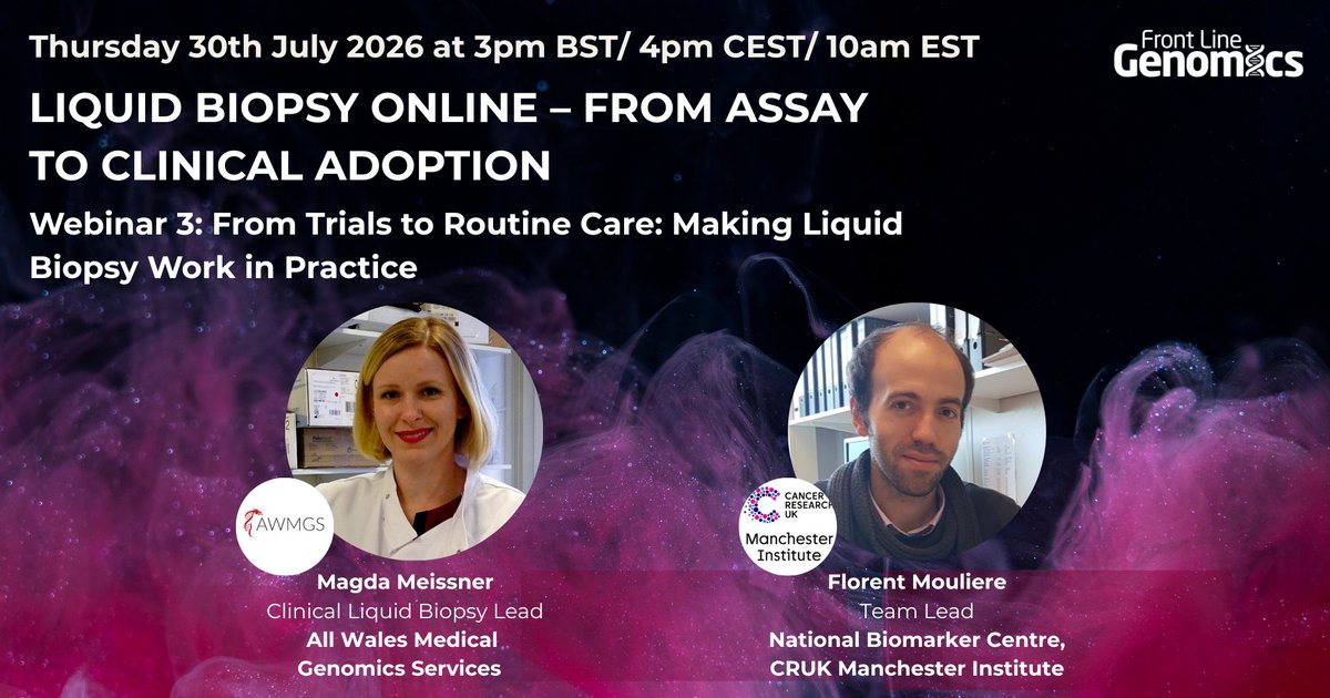 FLGenomics's tweet photo. Last chance! Register here: https://t.co/wPcCRdVDXg for the third of our Liquid Biopsy webinars starting shortly.  Through a moderated discussion, the panel will debate whether current evidence is sufficient for wider adoption, examine lessons from multi-cancer early detection and other clinical studies, and consider how emerging approaches, including multi-modal liquid biopsy, could shape the future of precision oncology. 
#liquidbiopsy #genomics