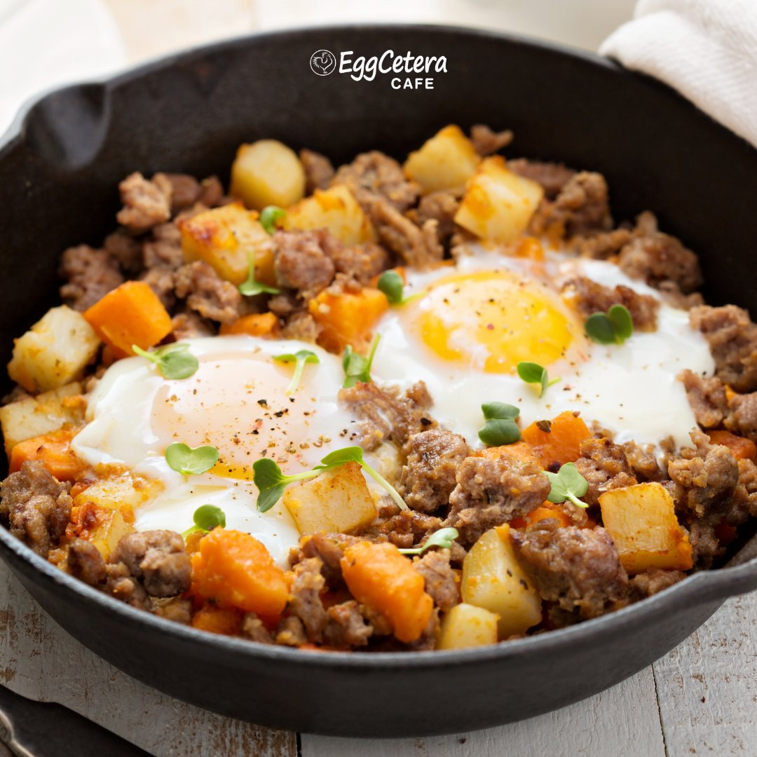 eggceteracafe's tweet photo. Start your morning with a skillet full of flavor! Our Triple-Egg Skillet is loaded with bacon, sausage, cheddar cheese, green peppers, onions, &amp; crispy cubed potatoes for a hearty breakfast that’s sure to satisfy. Join us at EggCetera Cafe or order online: https://t.co/zDfrk5fnHO https://t.co/OPh9FeGbm9