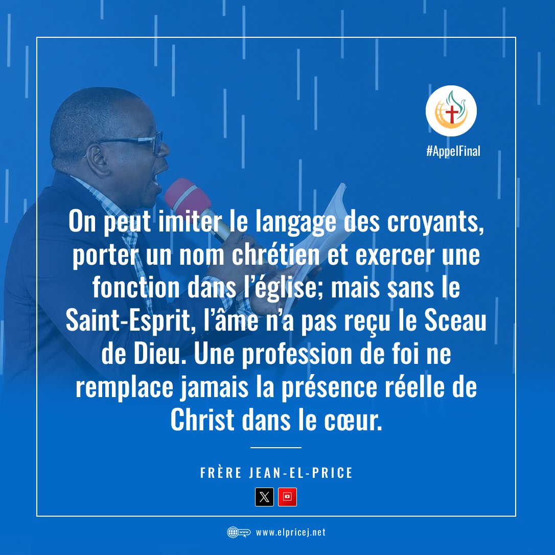 elpricej's tweet photo. On peut imiter le langage des croyants, porter un nom chrétien et exercer une fonction dans l’église; mais sans le Saint-Esprit, l’âme n’a pas reçu le Sceau de Dieu. Une profession de foi ne remplace jamais la présence réelle de Christ dans le cœur. https://t.co/tXXERUX6Gz