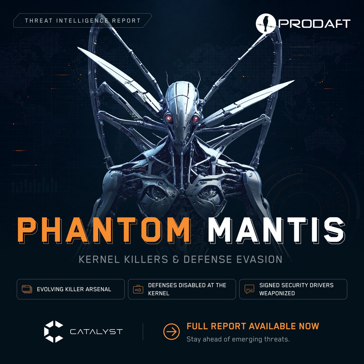 PRODAFT's tweet photo. 🎯 A fixed target set. A kernel service. Endpoint defenses taken offline before encryption.  Because ransomware deployment is easier when the security software is no longer running.  

This is PHANTOM MANTIS (a.k.a. The Gentlemen) before the ransom note.  We have been tracking the operation for some time. In our previous report, we mapped its affiliate model, internal infrastructure, operational structure, and ransomware platform.  

This time, we went back for the arsenal used to clear the way.  

🕵️ Our latest report traces its evolution from repeated process termination to:  
🔺 Blocking selected security drivers during initialization 
🔺Overwriting writable memory inside running processes 
🔺 Modifying kernel memory 
🔺 Removing selected file-system filters 
🔺 Abusing a historically signed security component  

The killers continuously search for nearly 180 security and IT-management processes. 

They are also supplied through the operation’s affiliate-support structure. Because apparently, ransomware affiliates need technical support too. 

We pulled the arsenal apart. The indicators, defensive priorities, and hunting rules are in the report.  

🔎 Previous investigation: https://t.co/ynWxNj6g0e 

👇 Read the latest report: https://t.co/lIZytidBqZ
