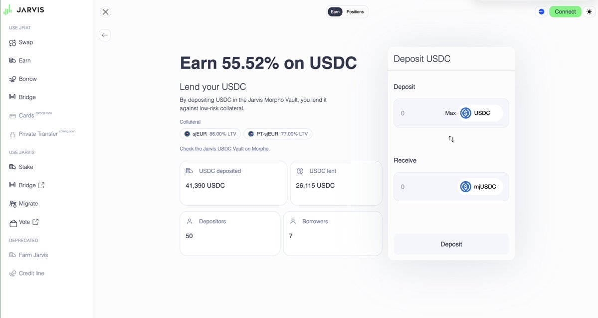 Jarvis_Network's tweet photo. Earn yield on USDC on https://t.co/nJSIJTHShw by lending them on our Morpho markets against PT-sjEUR and sjEUR. https://t.co/xfT6c21Ztw