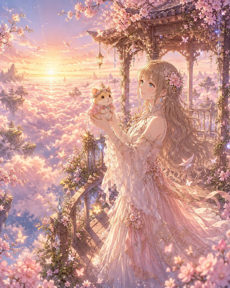 nebulanap_nagi's tweet photo. おはようございます✨
今朝は桜が満開の天空のテラスへ🌸
雲海から昇る朝日が、世界をピンク色に染めています。
相棒のハムちゃんも、この美しい景色にご満悦🐹
皆さんも、穏やかで素敵な一日を過ごせますように。
いってらっしゃい👋
#fantasyart #cherryblossom #seaofclouds https://t.co/jEZb9mia3M
