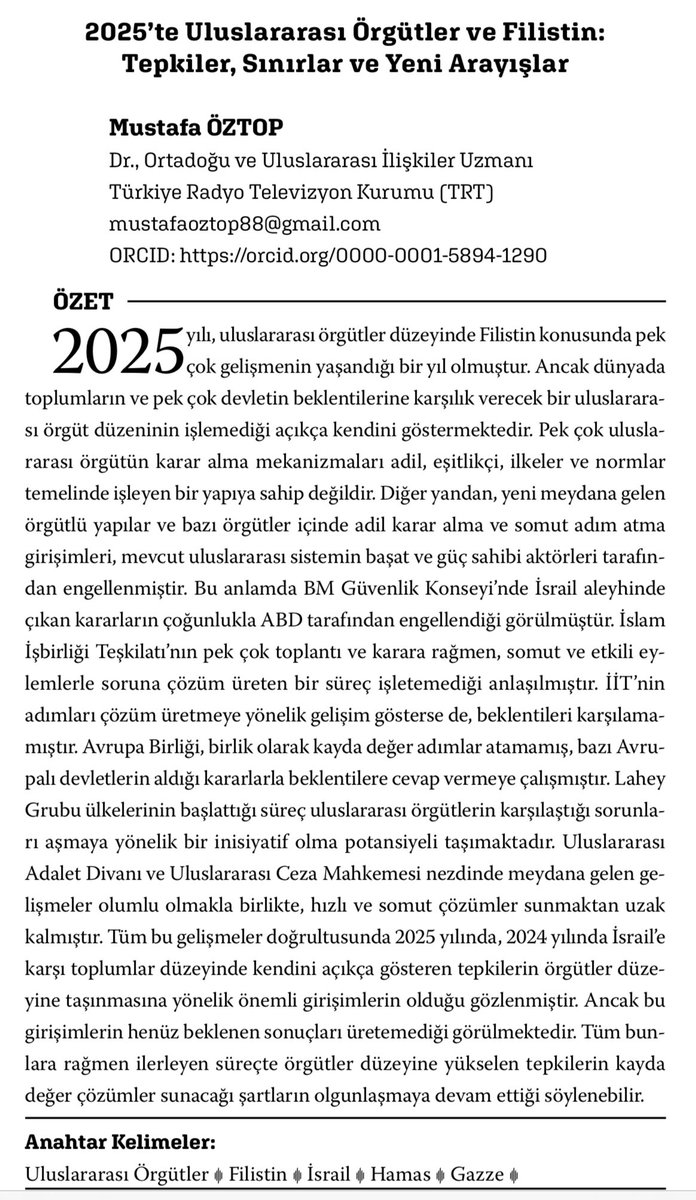 mustafoztp's tweet photo. Filistin çalışmalarının sürekliliği açısından kıymetli olan “Filistin Yıllığı 2025” eserine “2025’te Uluslararası Örgütler ve Filistin: Tepkiler, Sınırlar ve Yeni Arayışlar” başlığı ile katkıda bulundum. 

Filistin’in özgürlüğü için uzun süredir çalıştığım meselelere yeni bir soluk getirmeye vesile olan @RakipogluMehmet ve eserin hazırlanmasına katkı sunan herkese teşekkür ederim. İlgili olanları dikkatine👇🏻