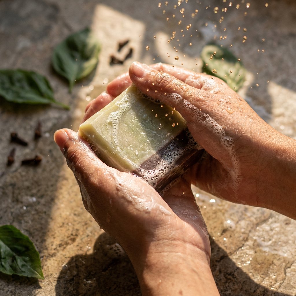 Desi_Raga's tweet photo. True luxury lies in the presence we bring to our daily rituals. 🌿✨ This summer, embrace the grounding notes of basil and clove. Our handcrafted soaps are designed to transform your morning cleanse into a moment of authentic connection with nature. https://t.co/R0USlvlH3O