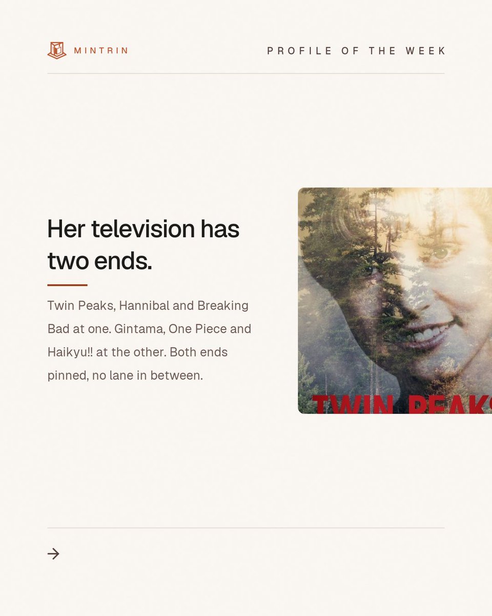 mintrinapp's tweet photo. PROFILE OF THE WEEK

Her taste card reads “Don’t Lecture Me!”
 
Her pinned favourites: Bergman. Tarkovsky. Kore-eda. Twin Peaks. Madame Bovary. Berserk. One Piece. Breath of the Wild.

Follow her on Mintrin.

Link in bio. Free on iOS and Android. https://t.co/wX6oth5h8v