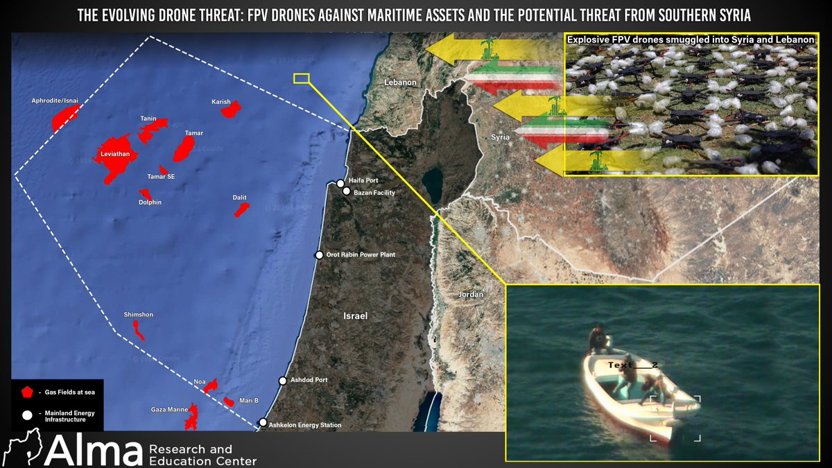 Israel_Alma_org's tweet photo. A Ukrainian recording of an attack on a Russian gas platform using FPV drones launched from boats reveals a new operational method—one with direct and highly relevant implications for the threat Hezbollah poses to Israel's offshore gas platforms.

At the same time, southern Syria could emerge as an additional drone front against Israel. The FPV drone threat has the potential to evolve from a tactical threat into a strategic threat to critical national infrastructure, and from a single-front threat into a simultaneous multi-front threat.

Read the full analysis. https://t.co/LDoPyQ3ECZ