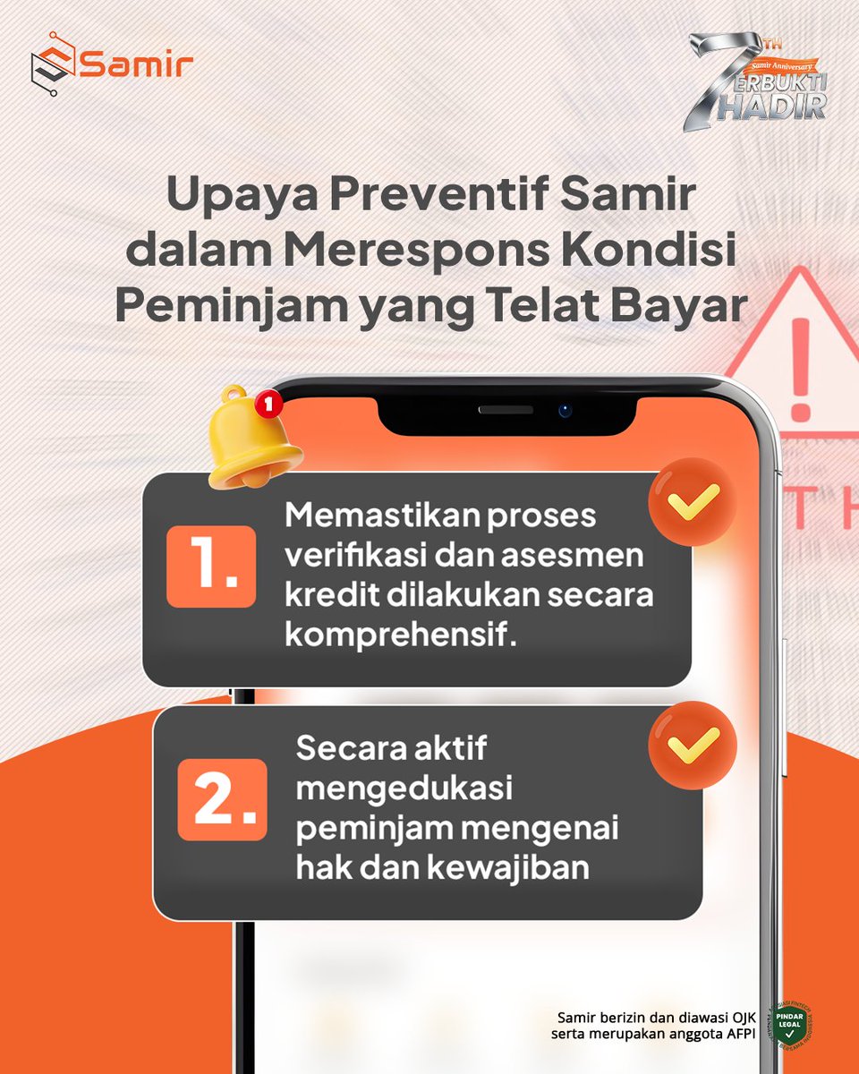 samir_fintek's tweet photo. Benarkah Telat Bayar Selalu Berujung Intimidasi? Simak Prosedur Resmi Penagihan di Samir!✨

Menghadapi kendala pembayaran memang tidak mudah. Namun, Samir berkomitmen memastikan proses penyelesaiannya tetap profesional, adil, dan beretika.

Sebagai penyelenggara pindar yang berizin dan diawasi OJK serta merupakan anggota AFPI, inilah standar penagihan di Samir:

✅ Pencegahan Sejak Awal: Asesmen kredit yang komprehensif & edukasi hak dan kewajiban peminjam.

✅ Tim Tersertifikasi: Sesuai kode etik OJK & AFPI yang bebas intimidasi, ancaman, SARA, ataupun penyebaran data pribadi.

✅ Pengawasan & Sanksi Tegas: Setiap temuan pengaduan akan diinvestigasi. Jika ditemukan adanya pelanggaran dari tim penagihan akan diberikan sanksi tegas hingga Pemutusan Hubungan Kerja (PHK).

✅ Pendekatan Solutif: Mengedepankan komunikasi yang berempati demi solusi terbaik buat kamu.
