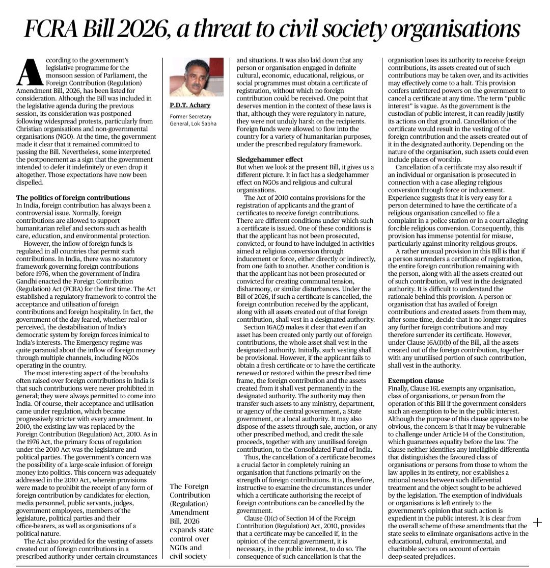 thedeepparashar's tweet photo. FCRA Bill 2026 - State expands its control over NGOs &amp; civil Society .

Again a good insight with deep -seated implications shared by P.D.T Achary https://t.co/GuDEuFEfDM