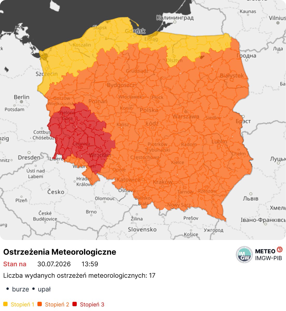 IMGWmeteo's tweet photo. ⚠️ Aktualizacja ostrzeżeń IMGW-PIB

🌡️⛈️ Obowiązuje 17 ostrzeżeń meteorologicznych przed upałem i burzami.

🔴 3. stopień przed upałem obowiązuje w części woj. lubuskiego, dolnośląskiego i wielkopolskiego.

🟠 2. stopień obejmuje rozległy obszar zachodniej, centralnej, południowej i wschodniej Polski.

🟡 1. stopień obowiązuje na północy kraju oraz dla części obszarów objętych prognozą burz.

🌐 Aktualne ostrzeżenia: https://t.co/c3JUXVOvrU

#IMGW #IMGWPIB #Upał #Burze #Ostrzeżenia