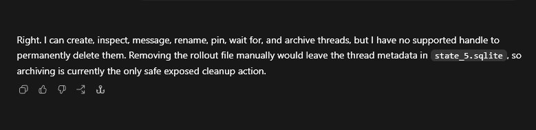 eidzoku's tweet photo. One tiny Codex feature request that becomes less tiny the longer you use it: permanent thread deletion.

Could we get a supported delete_thread API/UI so model can remove threads permanently instead of only archiving it, @thsottiaux @nunezvice? My archive would appreciate it. https://t.co/wwQ7iMx6BR