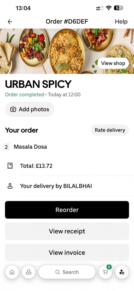 SriniBru's tweet photo. @ubereats_uk @UberFacts When the receipt says 13£ for 5.99 order was 8 pounds delivery? If it was not available why did even charge in the first place. Adding 8£ delivery fee because of your mistake is annoying. And i have uber one membership. Is this your premium service? https://t.co/SifwMdobAC