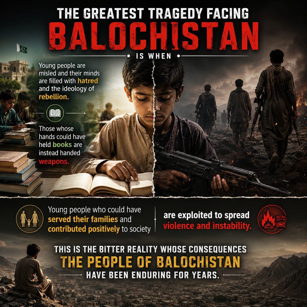 TalibBaloch99's tweet photo. The real tragedy is when Balochistan’s youth are misled into violence instead of education and opportunity. Hands that should hold books are given weapons, costing families, communities, and the future of the province.
#Balochistan #ProtectOurYouth #ChoosePeace #EducationMatters https://t.co/bAZ2piatFH