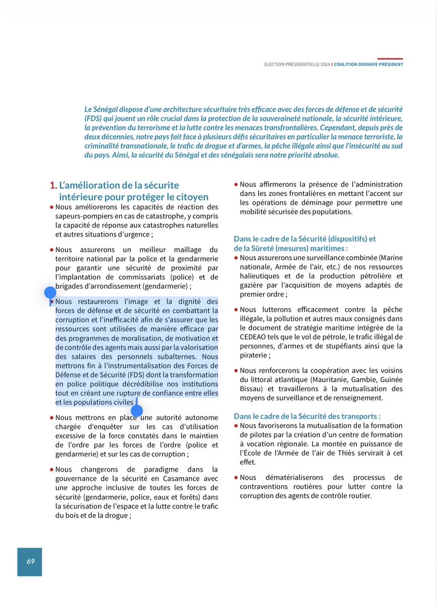 albadaradi's tweet photo. NOS FORCES ARMÉES NE SONT PAS L’OUTIL D’UN PARTI !

L’article 45 de la Constitution est d’une clarté qui n’autorise aucune lecture accommodante. Le Président de la République est responsable de la Défense nationale, il est le Chef suprême des Armées, il dispose de la force armée. Par conséquence, l’exécutif en dispose au nom de la Nation, et non au nom d’une écurie politique. Aucun ministre n’est propriétaire de cette force. Aucun parti n’en est bénéficiaire.

C’est pourquoi le « nous avons l’avantage des renseignements généraux », entendu durant l’interview sur SeneWeb, de la bouche du ministre des Forces armées, pose une question qui dépasse largement son auteur.

Ce « nous » ne désignait pas l’État. Il désignait un camp. Or les renseignements généraux relèvent de la Police nationale, donc du ministère de l’Intérieur, et non du département des Forces armées. Le glissement n’est donc pas administratif, il est partisan. Et c’est exactement ce qui le rend grave.

Le plus sévère n’est pourtant pas dans la Constitution. Il est dans leur propre texte. LE PROJET, programme de Pastef Les Patriotes pour la présidentielle de 2024, promettait « un retour à l’orthodoxie militaire afin qu’elles ne servent pas de police politique » (p. 70). Il promettait de « mettre fin à l’instrumentalisation des Forces de Défense et de Sécurité (FDS) dont la transformation en police politique décrédibilise nos institutions tout en créant une rupture de confiance entre elles et les populations civiles » (p. 69). Le même document, à la même page 70, promettait de renforcer les capacités de collecte du renseignement pour surveiller les frontières et documenter les menaces à la sécurité. Contre le terrorisme et les trafics transfrontaliers. Non contre des adversaires électoraux.

Il n’y a donc pas ici deux lectures qui s’affrontent. Il y a un engagement écrit (soutenu par PASTEF Les Patriotes) et une parole qui le contredit (défendu par un ex-PASTEF actuel KIIRAAY) #Sonko2029