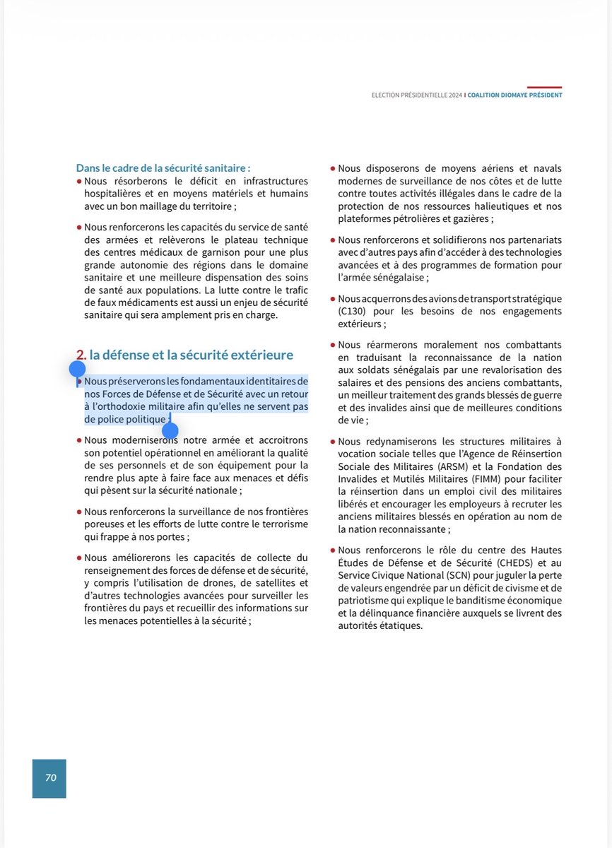 albadaradi's tweet photo. NOS FORCES ARMÉES NE SONT PAS L’OUTIL D’UN PARTI !

L’article 45 de la Constitution est d’une clarté qui n’autorise aucune lecture accommodante. Le Président de la République est responsable de la Défense nationale, il est le Chef suprême des Armées, il dispose de la force armée. Par conséquence, l’exécutif en dispose au nom de la Nation, et non au nom d’une écurie politique. Aucun ministre n’est propriétaire de cette force. Aucun parti n’en est bénéficiaire.

C’est pourquoi le « nous avons l’avantage des renseignements généraux », entendu durant l’interview sur SeneWeb, de la bouche du ministre des Forces armées, pose une question qui dépasse largement son auteur.

Ce « nous » ne désignait pas l’État. Il désignait un camp. Or les renseignements généraux relèvent de la Police nationale, donc du ministère de l’Intérieur, et non du département des Forces armées. Le glissement n’est donc pas administratif, il est partisan. Et c’est exactement ce qui le rend grave.

Le plus sévère n’est pourtant pas dans la Constitution. Il est dans leur propre texte. LE PROJET, programme de Pastef Les Patriotes pour la présidentielle de 2024, promettait « un retour à l’orthodoxie militaire afin qu’elles ne servent pas de police politique » (p. 70). Il promettait de « mettre fin à l’instrumentalisation des Forces de Défense et de Sécurité (FDS) dont la transformation en police politique décrédibilise nos institutions tout en créant une rupture de confiance entre elles et les populations civiles » (p. 69). Le même document, à la même page 70, promettait de renforcer les capacités de collecte du renseignement pour surveiller les frontières et documenter les menaces à la sécurité. Contre le terrorisme et les trafics transfrontaliers. Non contre des adversaires électoraux.

Il n’y a donc pas ici deux lectures qui s’affrontent. Il y a un engagement écrit (soutenu par PASTEF Les Patriotes) et une parole qui le contredit (défendu par un ex-PASTEF actuel KIIRAAY) #Sonko2029