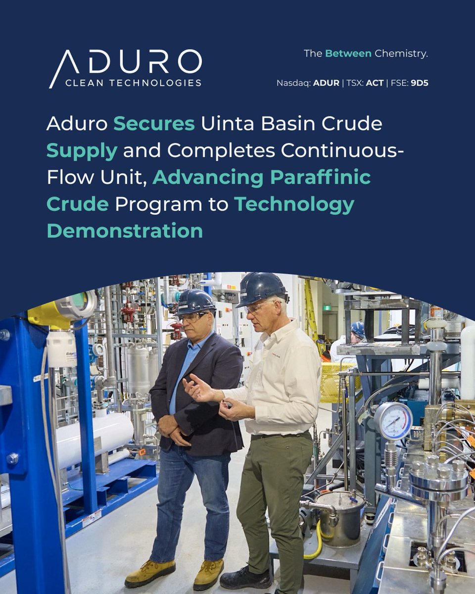 AduroCleanTech's tweet photo. Our program evaluating Hydrochemolytic™ Technology for highly paraffinic crude oils has reached a new stage, advancing toward continuous-flow process development. 👉 https://t.co/v7k4WFsp0X

Highlights:

- Feedstock secured from multiple Uinta Basin sources, supporting our next test campaigns
- New lab-scale continuous-flow unit completed, dedicated to the paraffinic crude program
- London facility expanded by ~4,600 sq ft to support equipment and operating activities
- Operations consolidated from Sarnia to London, bringing our team together at one site

Paraffinic and waxy crudes are estimated to make up 20%–33% of global crude production. This work advances our Technology Demonstration toward Process Development and Optimization, building the operating envelope and data needed to guide next steps.

"With feedstocks secured from multiple sources and continuous-flow capability now in place, we can evaluate the technology under sustained operating conditions and build the evidence needed to guide the next phase of development," said Ofer Vicus, CEO.

$ADUR #CleanTech #EcoInnovation #HeavyCrude #UintaBasin
