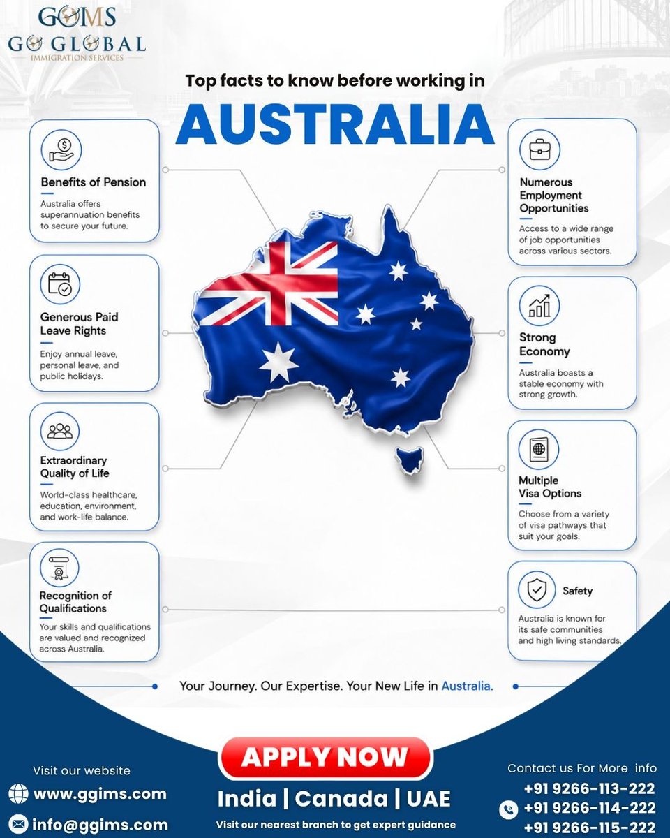 ggims882's tweet photo. Australia offers great career opportunities, competitive salaries, and an excellent quality of life. 

📞 +91 9266-113-222 | +91 9266-114-222 
📩 info@ggims.com | 🌐 https://t.co/463QJa3AoA

#AustraliaJobs #WorkInAustralia #AustraliaPR #GoGlobalImmigrationServices #GGIMS https://t.co/QHvw605Iln