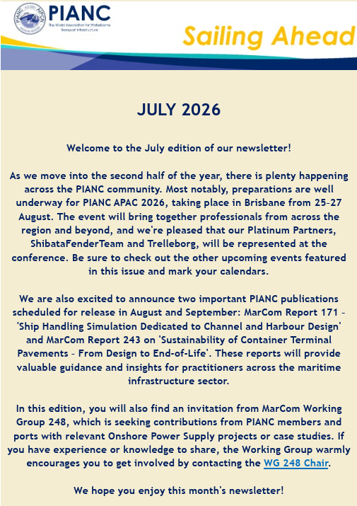 PIANC1's tweet photo. The PIANC July edition of the e-newsletter 'Sailing Ahead' gives you an overview of the main highlights of PIANC's activities this past month!

👉 Download your free copy at https://t.co/izheYYlpNA. https://t.co/xZlCiCBOB0