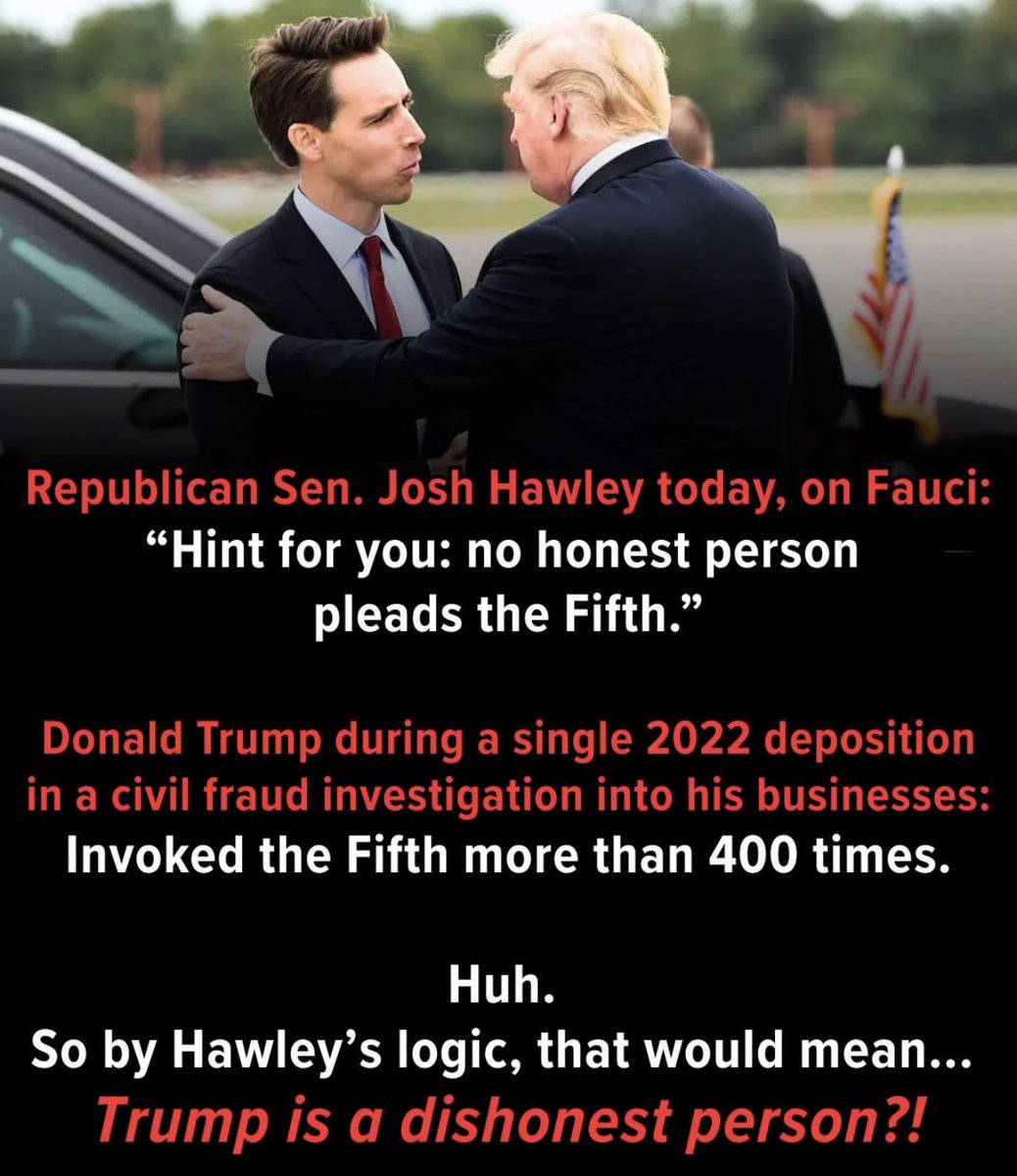 AnnieForTruth's tweet photo. Hint for you, Josh Hawley! Trump pleaded the fifth over 440 times in 2022. There are two kinds of people that plead the fifth. There are those that are corrupt, like Trump, and there are those that are innocent and honest like Dr. Fauci, testifying before a corrupt panel. https://t.co/Fz9lR9EMP4