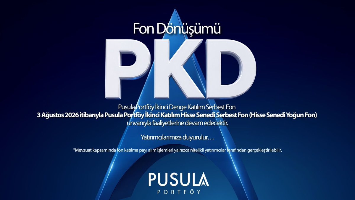 pusulaportfoy's tweet photo. PKD kodlu Pusula Portföy İkinci Denge Katılım Serbest Fon, 3 Ağustos 2026 tarihi itibarıyla fon dönüşümü kapsamında Pusula Portföy İkinci Katılım Hisse Senedi Serbest Fon (Hisse Senedi Yoğun Fon) unvanıyla faaliyetlerine devam edecektir.

Katılım finans ilkelerine uygun yatırım anlayışıyla yönetilecek olan Pusula Portföy İkinci Katılım Hisse Senedi Serbest Fon (Hisse Senedi Yoğun Fon) alım-satım işlemleri nitelikli yatırımcılar tarafından TEFAS üyesi banka ve aracı kurumlar aracılığıyla hızlı ve pratik şekilde gerçekleştirilebilir.