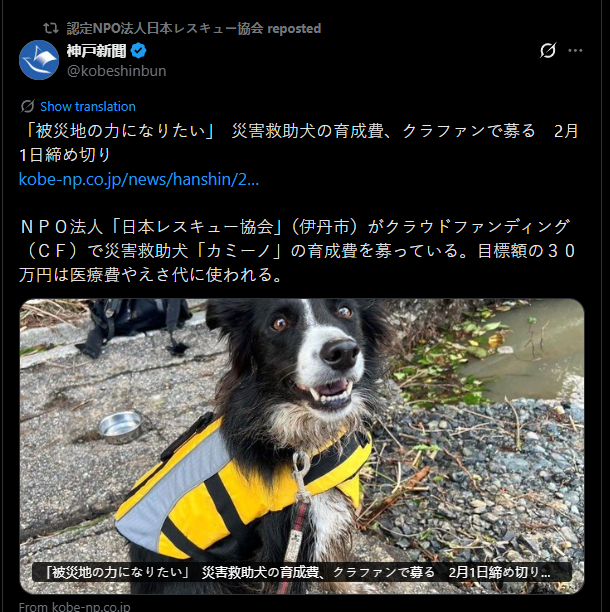 QuantDev115's tweet photo. Their page is /japanrescue1995 and they rtd the post, its also the same dog in the video

they work in Kumamoto https://t.co/NazZvgaJ7f