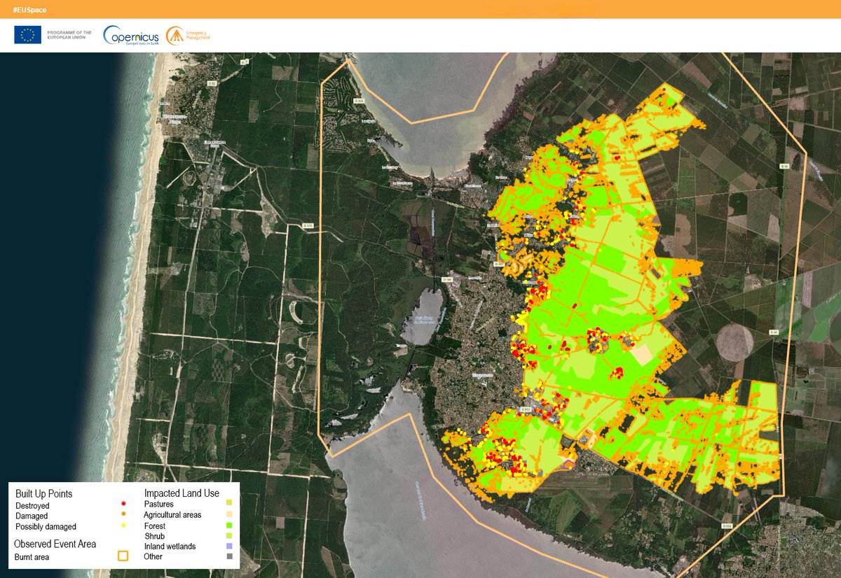 e_geos's tweet photo. As part of the ongoing efforts to support wildfire response across Europe, the @CopernicusEMS Rapid Mapping, led by e-GEOS, part of @LDO_Space, delivered the following Grading product related to the rapidly expanding wildfire in Biscarrosse, 🇫🇷

The product was delivered overnight between 27 and 28 July to the French emergency response authorities. It provides an intermediate damage assessment as of 27 July, while firefighting operations were still ongoing.

📍Within the Area of Interest, the analysis identified up to 2,860 hectares of burned land, including 30 hectares of built-up areas and approximately 60 kilometres of roads.

📍The mapping also identified a total of 1,059 buildings affected by the #wildfire, distinguishing between 418 destroyed buildings (in red), 153 damaged buildings (in orange) and 488 potentially damaged buildings (in yellow).

🤝 @CopernicusEU is a European Union programme managed by the @EU_JRC. The @CopernicusEMS Rapid Mapping consortium, of which e-GEOS is Prime Contractor, includes @telespazio Ibérica, @GAF_Munich, @Ithacasrl, @SERTIT, @CLS_Group, IABG, @PlanetekHellas and @infoGMV.

#WeUnlockEarth

@telespazio | @ASI_spazio | @LDO_Space | @GAF_Munich | @LDO_Fondazione