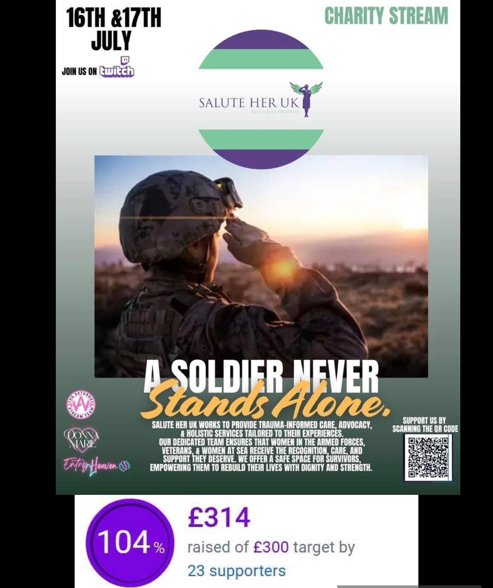 SaluteHerUK's tweet photo. Thank you to the women veteran raising funds for us! She’s streaming until she hits £500, enough for 10 EMDR sessions that help survivors rebuild their lives. Your support means a lot!

To donate, scan the QR code! Every penny counts! https://t.co/wI3nq3PIgf