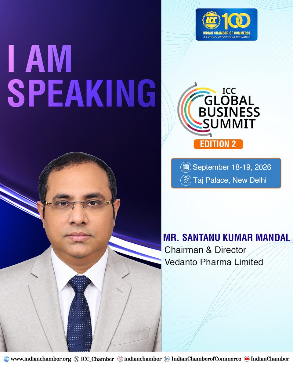 ICC_Chamber's tweet photo. Indian Chamber of Commerce presents the ICC Global Business Summit – Edition 2, to be held on September 18–19, 2026, in New Delhi. 

Celebrating a century of service to the nation, this premier platform will bring together global leaders, policymakers, innovators, and industry stakeholders to explore opportunities for collaboration, investment, and sustainable growth. Join Mr. Santanu Kumar Mandal to get insights on resilience, innovation, and India’s role in the pharmaceutical sector. 

The Summit underscores ICC’s commitment to fostering partnerships and visionary leadership for a stronger, competitive future.

To know more, please visit https://t.co/Lxpyqp7RfL.   

#ICCGlobalBusinessSummit #BusinessMeetsCulture #GlobalInnovation #IndianChamberOfCommerce