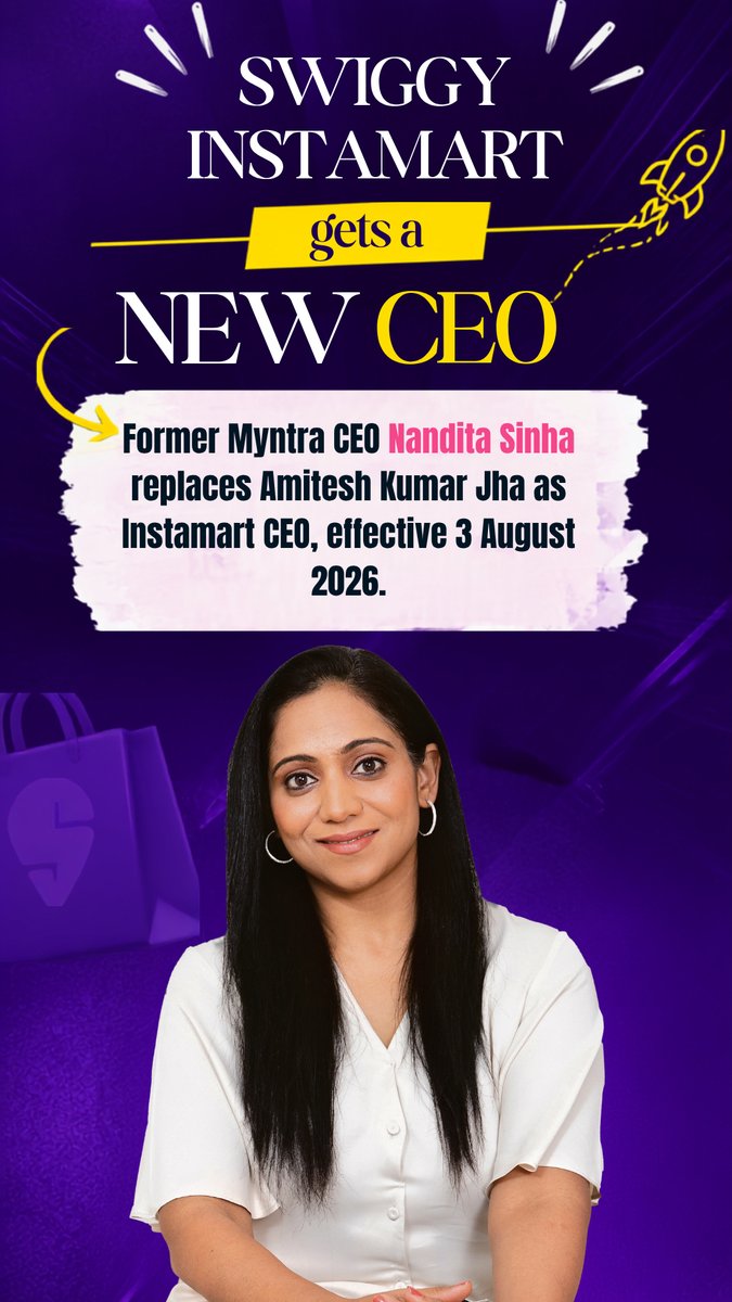 humansofhustle's tweet photo. Swiggy just appointed former Myntra CEO Nandita Sinha to lead Instamart, replacing Amitesh Kumar Jha from August 3.

Most people will see this as a leadership change.
But it's a strategy change.

For the last few years, quick commerce has been obsessed with one thing: speed.

Now that everyone can deliver fast enough, the real battle is shifting.

It's no longer just about getting products to your doorstep in 10 minutes.

It's about what you discover, what you end up buying, and why you keep coming back.

That's exactly where Nandita's experience comes in. At Myntra, the challenge wasn't delivery, it was building a shopping experience people enjoyed.

Leadership hires often tell you where a company wants to go next.

And this one suggests @Swiggy believes the future of quick commerce looks a lot more like retail than logistics.

That's a shift worth watching.