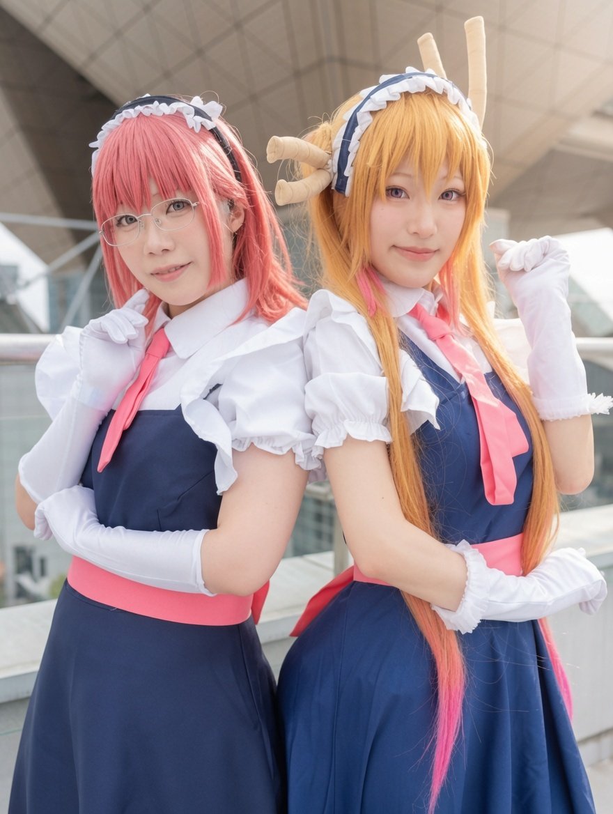 Scarecrow_554's tweet photo. 「小林さんちのメイドラゴン」のトールとメイド服あわせを撮影させていただきました🐉

バックに見えるビッグサイトの建物と、青空のロケーションが最高で、お二人の並びがすごく映えていました🏢

ツノやメガネなどの小物から衣装の質感まで、こだわりを感じる素敵なコスプレでした✨️ https://t.co/mzLTek8m59