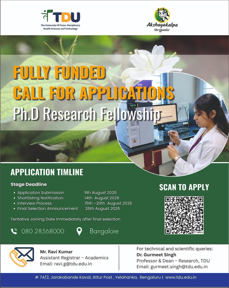 TDUPGConnect's tweet photo. Call for Ph.D Research Fellowship
Research Theme - Developing Nutritious & Accessible Plant-Based Protein Solutions for India
Detail-https://t.co/7gjTEb9nnU
https://t.co/A4W8mAajlh
#tdubengaluru #Opportunity #ResearchFellowship #PlantBasedProtein #FoodInnovation #PhDAdmission https://t.co/SvVmVQ8CPw