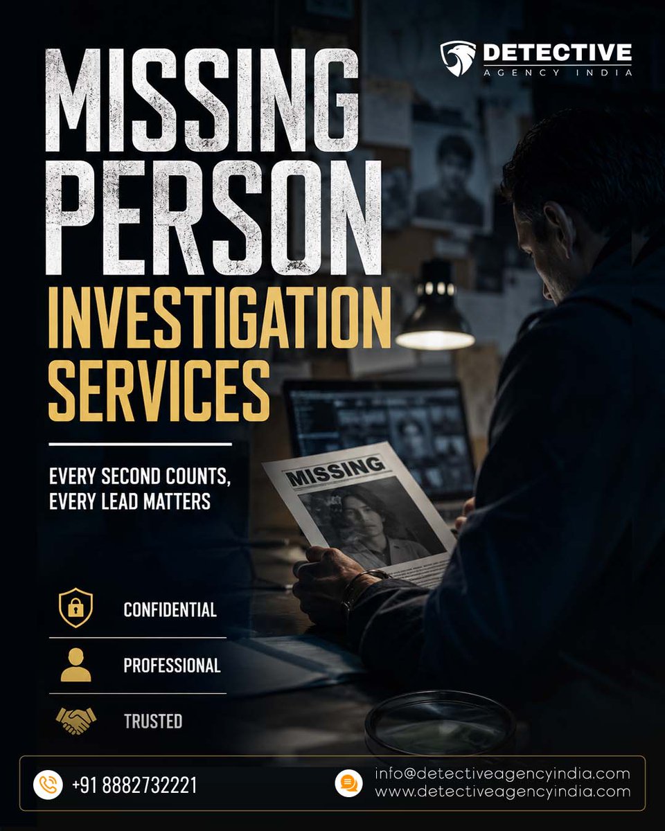 DIndia47737's tweet photo. Detective Agency India provides confidential Missing Person Investigation Services to help locate missing individuals through professional and ethical investigations.

✔️ Confidential
✔️ Trusted
✔️ PAN India

📞 +91 8882732221
🌐 https://t.co/771cyPvlqQ

#MissingPerson https://t.co/jFGD4298sa