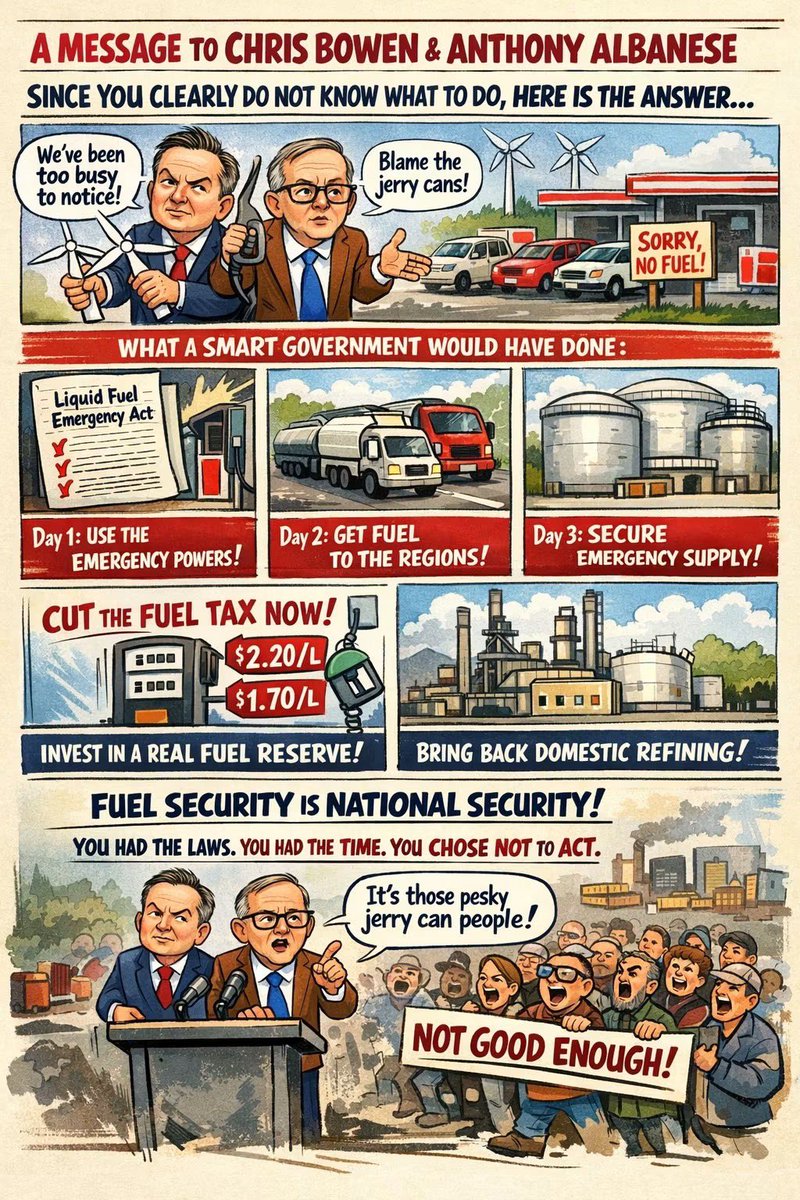RositaDaz48's tweet photo. #BillyEdwards
A Message to #ChrisBowen & #AnthonyAlbanese.
Since You Clearly Do Not Know What To Do, Here Is The Answer.
While you have been busy blaming Australians with jerry cans for emptying service stations across the country let me explain what a Govβt that actually understood fuel security would have done & still needs to do right now.
The first thing you do not do is sell down the strategic reserve in the first place. The moment the Iran situation started escalating in late 2025 you stop selling & start buying.
You do not wait until the Strait closes & regional towns run dry. You see it coming & you act before the crisis not during it. But you were too busy building wind farms to notice.
Day 1 of the crisis you invoke the Liquid Fuel Emergency Act 1984.
It has been sitting on the shelf unused since it was written 40 years ago.
That law gives you direct power to control fuel distribution & tell the oil companies exactly where the fuel goes & in what order. Regional areas & essential services get priority.
Not voluntary cooperation. Mandatory compliance.
You had that power & you did not use it.
Day 2 you contact every fuel distributor in the country & you direct every available truck and driver to regional areas.
You pay them properly but you tell them where to go. The free market does not get to decide that the city gets fuel before the bush. That is your job. That is what Govtβs are for.
Day 3 you get on the phone to every friendly nation with fuel reserves & you start the emergency supply conversation.
Not weeks later, on day 3
At the same time you announce an immediate 50% cut in fuel excise. It brings prices down.
It reduces the incentive for panic buying. It gives immediate relief to every Australian who is watching the bowser price climb past $2 a litre.
#OneNation has been calling for this for years.
You voted it down every time.
Medium term you legislate a genuine 90 day fuel reserve. Not a minimum stockholding obligation that oil companies can game to suit their balance sheets.
A strategic reserve that the Australian Govβt owns & controls & that no minister can sell down to make the budget look better.
Australia is the only IEA member country on earth that does not meet the 90 day standard. We have not met it since 2012. That is not bad luck. That is a policy choice made by successive Govtβs including yours.
Long term you bring back domestic refining capacity.
A country that refines less than 20% of its own fuel is not energy sovereign. It does not matter how many solar panels you put on roofs or how many wind turbines you plant in farmers paddocks.
If you cannot refine your own fuel you are at the mercy of every conflict in every shipping lane on earth. We are watching that play out right now in real time.
The answer to this crisis was never complicated. It required a Govβt that understood fuel security is national security. That understood the people in regional Australia who cannot work, cannot farm, cannot move stock & cannot run their businesses without diesel are not an inconvenience to be managed.
They are the people who feed this country.
You had the laws. You had the reserves. You had the time to prepare. You chose not to use any of them & now you stand up at press conferences & tell Australians the problem is that they filled too many jerry cans.
#With respect, that is not good enough.
It was never good enough & the Australian people are remembering every bit of it.
#BillyEdwards