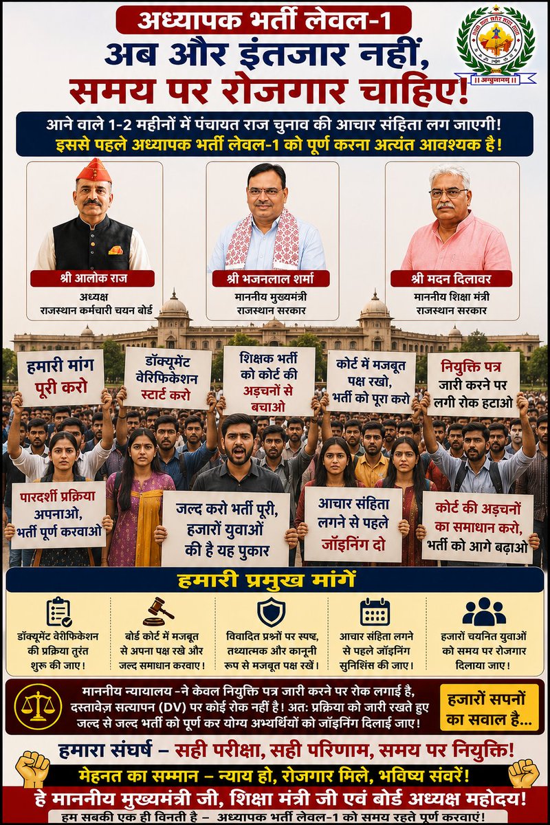 PrabhuJharwal's tweet photo. जो अभ्यर्थी अध्यापक भर्ती लेवल 1 और लेवल 2 से जुड़े हुए हैं उनको भर्ती को समय पर पूरा करवाने के लिए संघर्ष करना पड़ेगा वरना पंचायती राज चुनाव की आचार संहिता में यदि भर्ती फस जाएगी तो फिर आपको लंबा इंतजार करना पड़ सकता है
@svoruganti1466
#अध्यापक_भर्ती_डीवी_शेड्यूल_जारी_करो https://t.co/ftEJdUJ38y