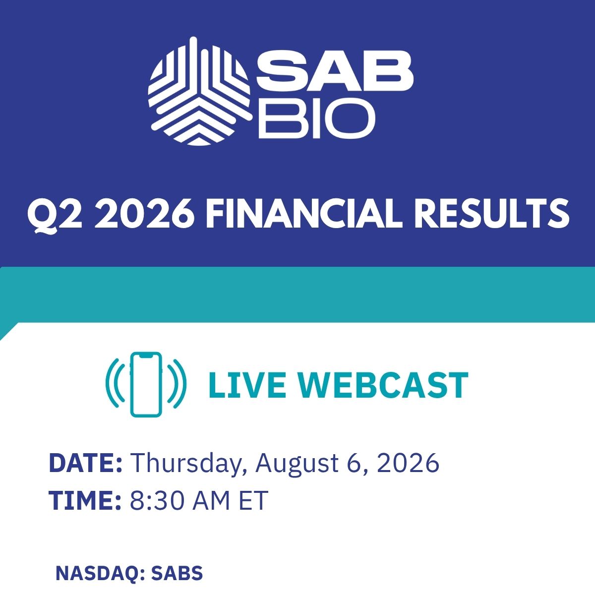 SABBantibody's tweet photo. We will report our Q2 2026 financial results on Thursday, August 6, 2026, and host an earnings webcast at 8:30 a.m. ET to discuss the results and provide business updates.

📅 August 6, 2026 at 8:30 AM ET
🔗 Register and join us for the webcast here: https://t.co/Mcns8hGVIl

View the press release with conference call details here: https://t.co/7joE1a0GYM

#Earnings #Biotech $SABS