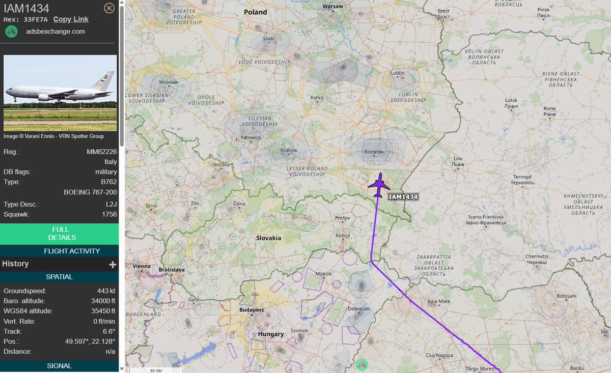 PolishMilRadar's tweet photo. 📅 30.07 🕓 14:16LT - 🇮🇹✈️ KC-767A tranzytem 🇱🇹
🇮🇹 Siły Powietrzne Włoch
✈️ Boeing KC-767A (767-2EYER) "MM62226"
🛫 Baza Lotnicza Mihail Kogălniceanu/Konstanca #LRCK 🇷🇴
🛬 Baza Lotnicza Szawle #EYSA 🇱🇹
#IAM1434 leci na FL340
🔗 https://t.co/VsFPVgmw8D
#POLMILRADAR https://t.co/mUFbFw1NYX