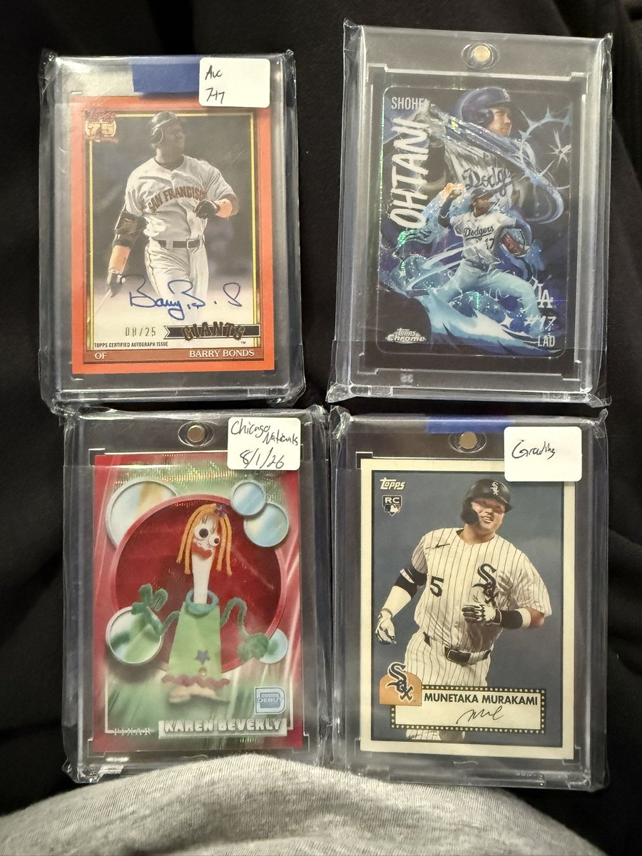 lougainzz's tweet photo. @CardPurchaser Good morning Sir! Can’t wait to be at the Nationals tomorrow afternoon! God willing of course 🤲🏾 first time in Chicago too!

These are the main 4 I’ll be traveling with. Hoping for the Karen, Ohtani PSA submitting and moving the Barry and Murakami 🤞🏾 https://t.co/NZyd4GLTbQ
