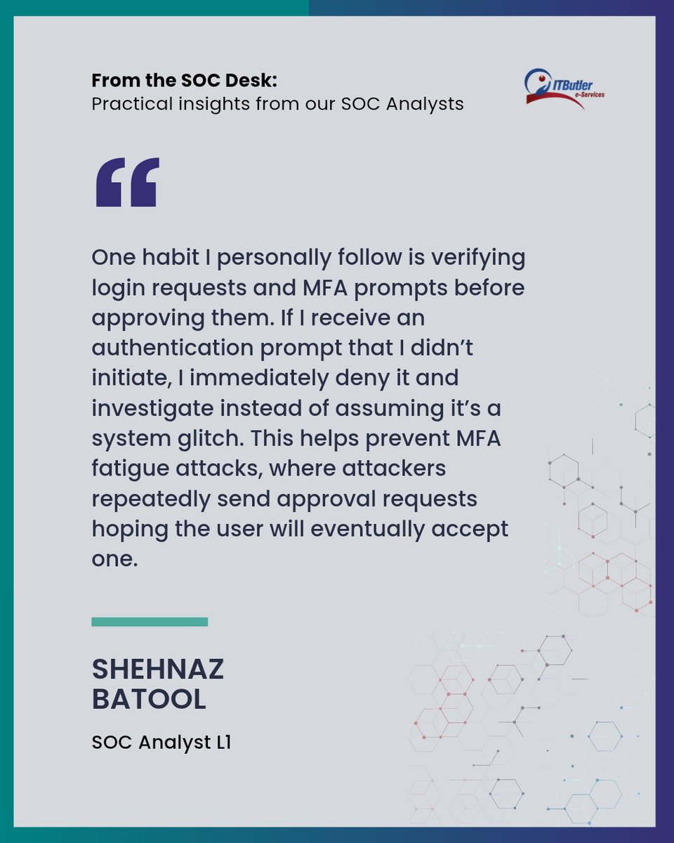 ITButlerdxb's tweet photo. 🧑‍💻 From the SOC Desk: 
Practical insights from our SOC analysts.

Here’s a simple habit from our SOC Analyst L1 Shehnaz Batool. Built from real threats she handles every day, and something you can apply to your own online activity too.

#SOC #Tips #Cybersecurity https://t.co/Z1IjO2yv9P
