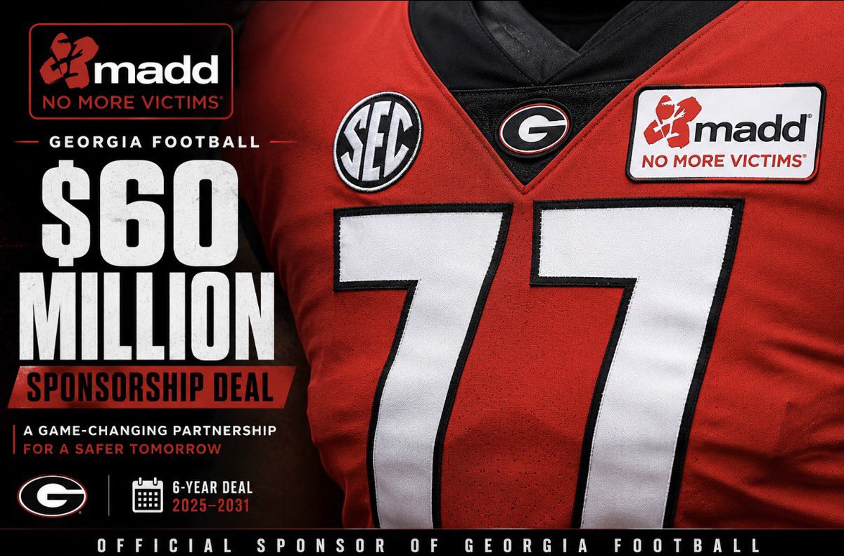 SFMattISU's tweet photo. BREAKING: Mothers Against Drunk Driving and the University of Georgia have announced a $60 Million, 6 year sponsorship deal which will include jersey patches on football, men’s basketball, women’s basketball, and all other NCAA sports at the university.

We did not reach out to the university for comment