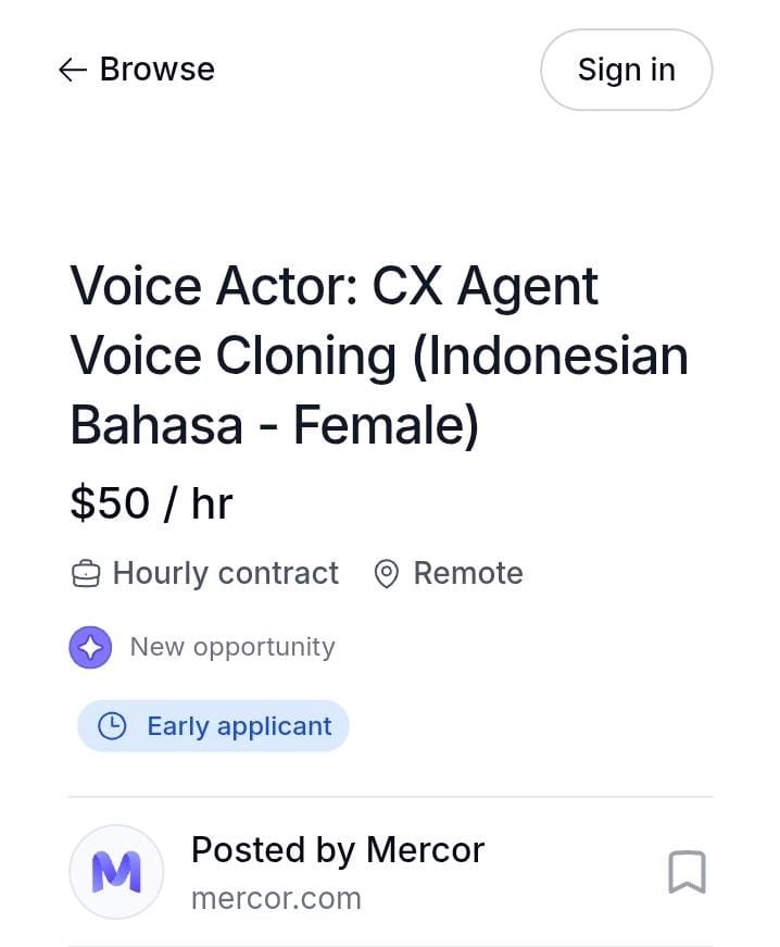 bimnttsion's tweet photo. DIBAYAR $50/JAM BUAT JADI SUARA AI? 😭💸

Mercor lagi cari Female Indonesian Voice Actor untuk proyek Voice Cloning REMOTE ni, $50/jam, dan bisa daftar dari Indonesia!Ini bukan kerja voice acting biasa.

Dari detail lowongannya, Mercor lagi mencari female native Bahasa Indonesia yang tinggal di Indonesia untuk merekam suara yang nantinya dipakai untuk melatih dan mengevaluasi teknologi text-to-speech (TTS)/AI voice

Here's the link nya buat liat ketentuan dll dan buat apply jg:

https://t.co/AqzpweWvCh
#freelance #remote