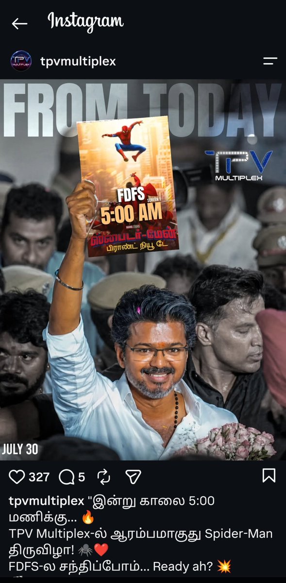 U2Brutus_off's tweet photo. வாரிசு ரிலீஸ் அப்போ ரோகினி தியேட்டர் வாசல்ல விஜய் ரசிகர் ஒருவர் லாரியிலிருந்து தவறி விழுந்து இதந்துபோனார். இதையடுத்து 5 am show தமிழ்நாடு முழுக்க இனி கிடையாது என்று அப்போதைய திமுக அரசு அரசு ஆணை பிறப்பித்தது.. 
9 am show வேண்டும் என்றால் அரசிடம் சிறப்பு அனுமதி பெற்று திரையிட்டுக்கொள்ளலாம் என்றிருந்தது.. 

ஆனால் தற்பொழுது 9 am show விற்கு எந்த அனுமதியையும் பெறத்தேவையில்லை என்று தவெக அரசு கூறியிருக்கிறது...அது மட்டுமல்ல 8 மணிக்கே show வை திறந்து விட்டுருக்கிறது.. ஜனநாயகன் திரைப்படத்தை 8 மணிக்கே திறந்துவிட்டது... இதை யாரும் கண்டிக்கவில்லை என்பதால் 5 am show விற்கு தற்பொழுது spiderman திரைப்படத்திற்கு அனுமதி வழங்கியுள்ளது.. முழுக்க முழுக்க சினிமா மோகத்தால் கட்டமைக்கப்பட்டுள்ள தவெக அரசு சினிமாவிற்கு மட்டுமே முன்னுரிமை கொடுக்கிறதே தவிற விவசாயிகளுக்கும், மக்களின் மற்ற பிரச்சனைகளுக்கும் செவி சாய்ப்பதுகூட இல்லை..