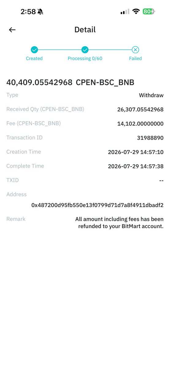 Pi_NetworkPrice's tweet photo. I’m still unable to withdraw my CPEN from BitMart. My withdrawal has been stuck in “Created” status for days.

Many users are experiencing the same issue. Please investigate and provide an official update.

@BitMartExchange @cPenCoreTeam https://t.co/3VGhy9iaFL