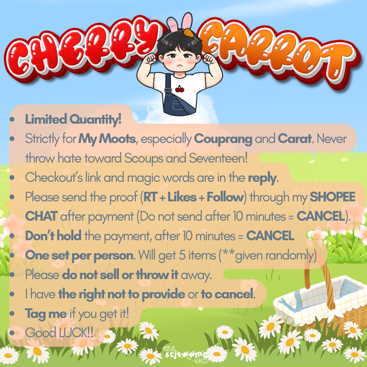 scjswwmg's tweet photo. [CHERRY x CARROT]

Scoups’s Birthday Kit by @scjswwmg ૮ - ﻌ • ა

Notes:

⋆🍒° Online claim on 08.08.2026 at 08.08 WIB
⋆🍒° Set 10K (no refund)
⋆🍒° Detail on poster, please read carefully!

⋆🍒° Magic Word: CherryXCarrot - @.username

⋆🍒° Link: https://t.co/aaFDbsTwwY https://t.co/MLEiQsziyK