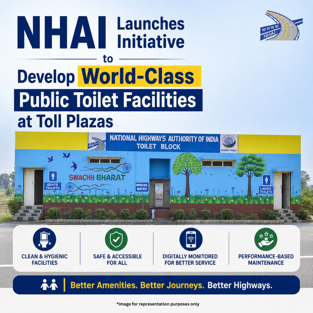 NHAI_Official's tweet photo. NHAI has launched a nationwide initiative to develop world-class public toilet facilities at toll plazas through an innovative performance-based framework. The initiative includes renovation of existing facilities and development of new standardized sanitation blocks with sustainable infrastructure, universal accessibility features, enhanced hygiene standards and dedicated provisions for the safety and privacy of women travellers.

Powered by IoT-based real-time monitoring, automated performance evaluation, independent audits and commuter feedback through the Rajmargyatra App, the new framework will ensure superior maintenance, accountability and a seamless experience for National Highway users. 

Read the press release here: https://t.co/INQIYONzXM

@MORTHIndia @PIBMoRTH #NHAI #BuildingANation